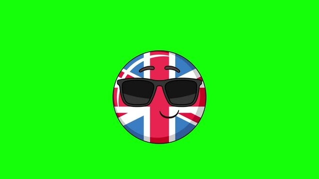 flag of united kingdom emoji cartoon smiling face with sunglasses, emoticon animation