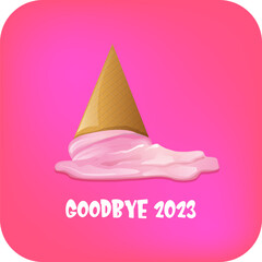 vector goodbye 2023 hello 2024 year vector concept illustration with melt ice cream isolated on pink background. End of the 2023 year background or poster