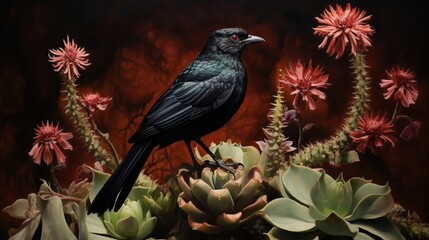 black bird sitting on cactus plant