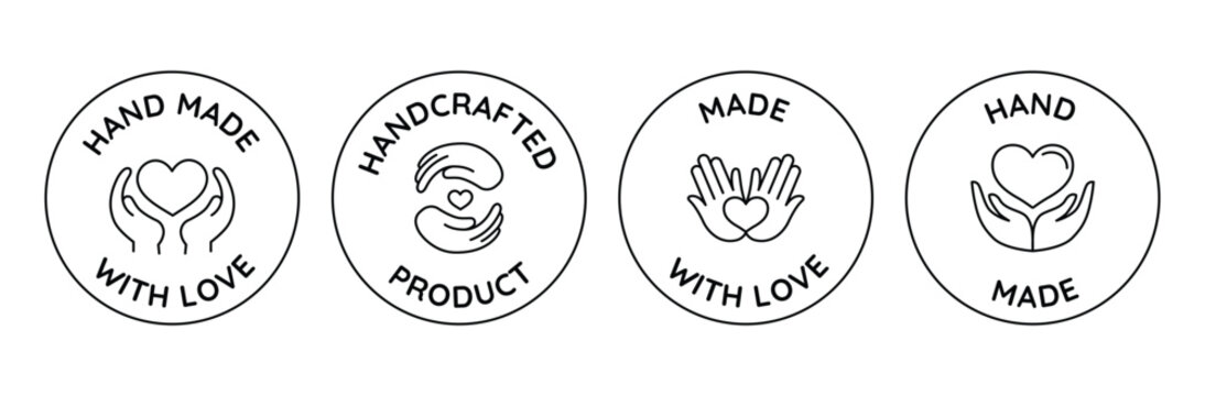 Vector logo design template and badge in simple linear style - handmade badge, 100% hand made - sign for hand crafted packaging products