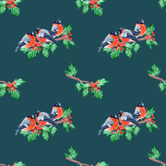 Obraz na płótnie Canvas Jointless tiles with Holly branch and Bullfinches on it, pattern on blue-green background or isolated of it