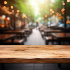 Mockup of a wooden board tabletop over a blurred coffee shop background. Perfect for product showcase. ai generative