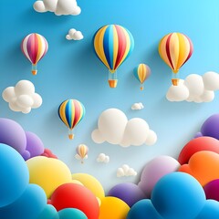 paper art style of balloons colorful color floating in air blue sky background.Creative design space for Christmas day, Festival, holiday, summer season, springtime.Good idea Pastel color.