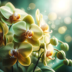 Close up of beautiful yellow green orchid phalaenopsis blooms in flower. - obrazy, fototapety, plakaty