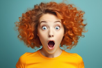 surprised curly-haired girl on solid bright background - obrazy, fototapety, plakaty