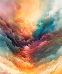 Multicolored dreamy Cloud landscape. Fantasy and Surreal heaven wallpaper. Vibrant Clouds background. Celestial Sky. Dreamscape Watercolor.