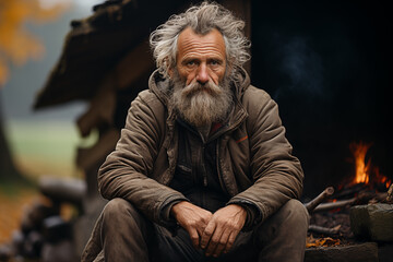 Weathered Portrait of an Elderly Homeless Man: Expressions of Sadness - obrazy, fototapety, plakaty
