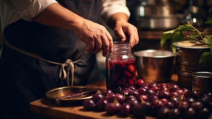Fruit canning. Man prepares fruits and makes homemade jam and compotes for family holidays. Fruit jam made from plums and prunes. Home conservation concept. - obrazy, fototapety, plakaty