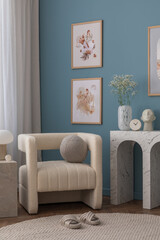 Creative composition of cozy living room interior with mock up poster frame, stylish armchair,...