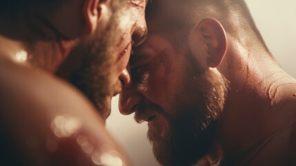A close-up shot of two wrestlers in a clinch, with sweat and tension visible on their faces. - obrazy, fototapety, plakaty