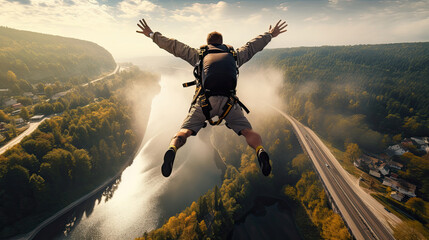 An extreme sportsman jumps with a parachute from a bridge over the river. - Powered by Adobe