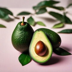 fresh avocado on the table, close up, leaves
