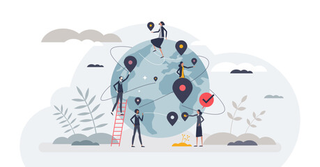 Global collaboration network for international business tiny person concept, transparent background.Communication and interaction for businessman connections illustration. - obrazy, fototapety, plakaty
