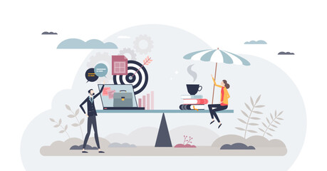 Work life balance for Gen Z with work and leisure harmony tiny person concept, transparent background. Weights with professional business career objectives or personal life and wellness illustration.