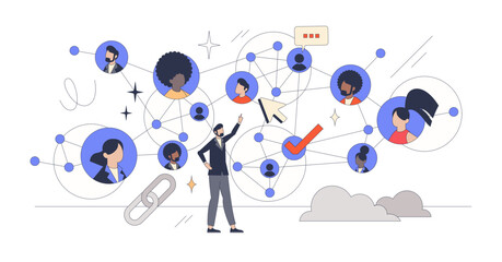 Teamwork with strong connections and business partners retro tiny person concept, transparent background. Network mesh with contacts for cooperation or partnership illustration.