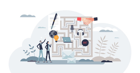 Challenges and complexities of business communication tiny person concept, transparent background. Agreement or deal closure process with customer discussion maze illustration.