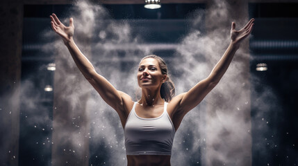 A female athlete in the gym claps her palms with talcum powder flying around.