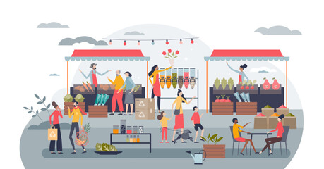 Community care marketplace as local market for all society tiny person concept, transparent background. Local food store with volunteers and farmers illustration. - obrazy, fototapety, plakaty