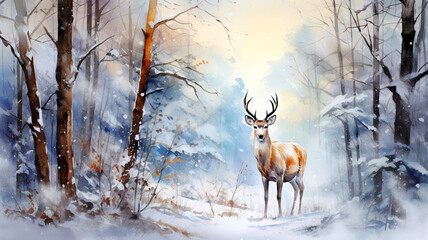 Majestic reindeer in winter forest. Fantastic winter landscape with a deer in the forest. Watercolor illustration. Illustration for greeting cards, printing and other design projects.
