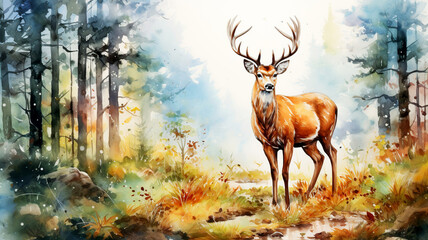 Young deer in a beautiful forest. Watercolor illustration of a deer in a natural environment. Watercolor painting of a beautiful image of a deer in a forest forest landscape on a sunny day in autumn.