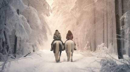 Rear view of two riders on horses riding along a road through a snowy forest.