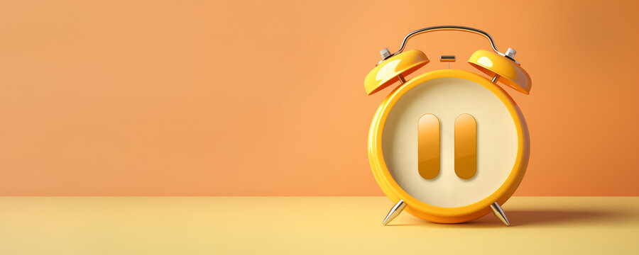 Yellow-orange alarm clock with pause button symbol in the middle, minimalistic
