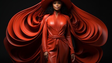 A striking woman in a vibrant red dress stands out amongst the stone statues, her human face exuding confidence and poise