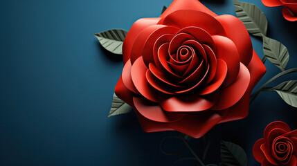 Paper Cut Red Rose Flower Rests on a Dark Blue Surface - A Symbol of Romantic Sophistication.