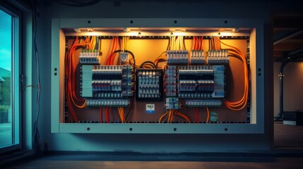 Electrical panel with open box, electrical service technician	