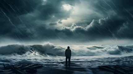 Poster Lonely man looks at the stormy sea © Daniel
