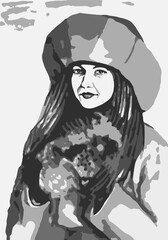 Fantasy grayscale drawing of a young woman with long hair wearing winter clothes and a fur hat