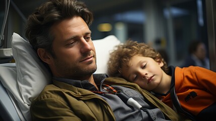 A father and son share a peaceful slumber on the worn couch, their faces relaxed and their bodies draped in layers of warm clothing, as they find solace and comfort in safety of their indoor haven