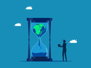 Climate change concept. Businessman watches the world melt in an hourglass. Vector illustration