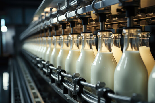 bottles of milk on a conveyor. modern milk factory.