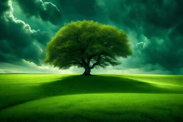 An incredible natural scene with a lone tree in a vast green field, complemented by a vibrant and captivating .