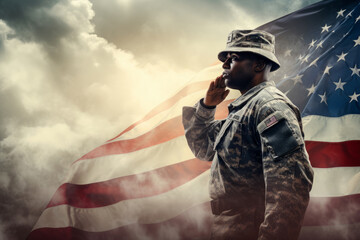 US soldier in the battle field saluting in front of the United States of America flag background. Memorial day and independence day concept