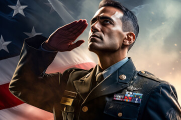 US soldier in the battle field saluting in front of the United States of America flag background. Memorial day and independence day concept