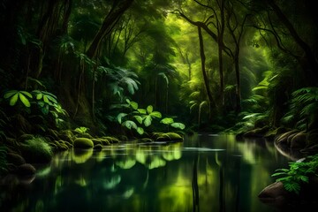 Fototapeta na wymiar Pristine rainforest river gently reflecting the lush foliage along its tranquil banks.