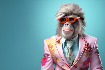 Creative animal concept. Ape in glam fashionable couture high end outfits isolated on bright background advertisement, copy space. birthday party invite invitation banner	
