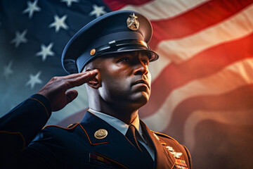 US soldier in the battle field saluting in front of the United States of America flag background. Memorial day and independence day concept
