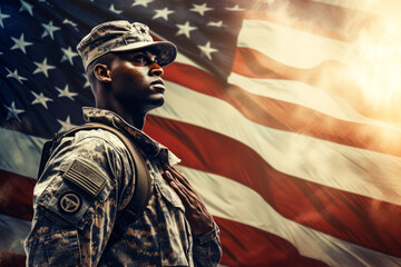 US soldier in the battle field saluting in front of the United States of America flag background....