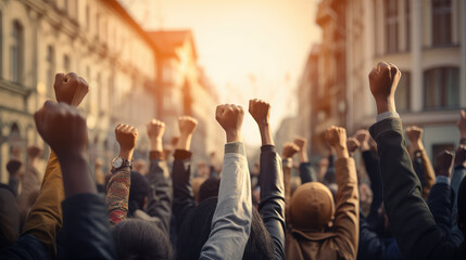 Multicultural group raises fists in a powerful expression of empowerment, symbolizes the collective spirit of a community advocating for equality and social justice. - obrazy, fototapety, plakaty
