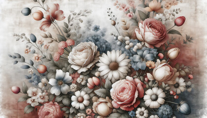 A floral art texture background with a variety of flowers in soft, pastel colors