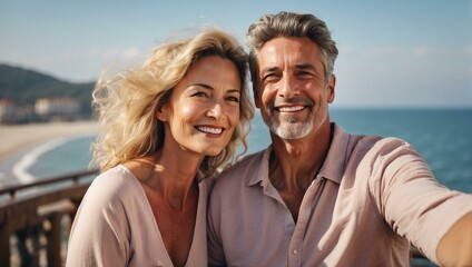 A happy middle-aged couple is relaxing at the sea together. A man and a woman smile for a selfie