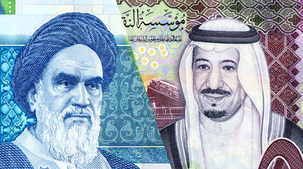 Saudi Arabia Riyal banknote with King Salman and Iranian rial banknote with Ayatollah Khomeini