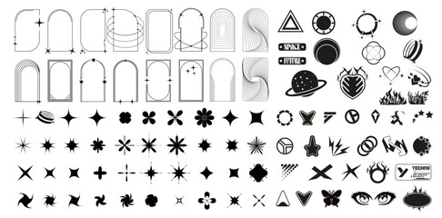 Extensive Collection of Vector Icons and Shapes for Futuristic and Space-Themed Designs. 90s graphic. Sketch stars. Bubble heart. Vintage shine lines. Geometric sparkling icons. Vector illustration - obrazy, fototapety, plakaty