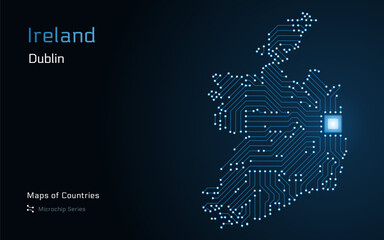 Ireland Map with a capital of Dublin Shown in a Microchip Pattern with processor. E-government. World Countries vector maps. Microchip Series