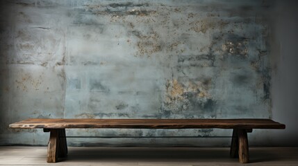 A solitary wooden bench stands before a decaying wall, a forgotten piece of furniture in an abandoned indoor space - obrazy, fototapety, plakaty