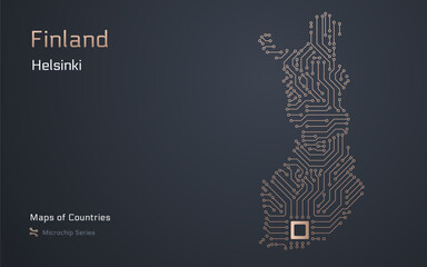 Finland Map with a capital of Helsinki Shown in a Microchip Pattern with processor. E-government. World Countries vector maps. Microchip Series