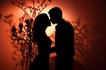 Fototapeta na wymiar Valentine's kiss in silhouette, as the couple's tender embrace creates a beautiful play of shadows. Romance shared between two people in a moment of love.